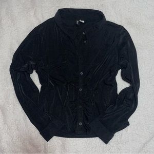 H&M DIVIDED Black Ruched Silky Ribbed Semi Sheer Button Down
Blouse